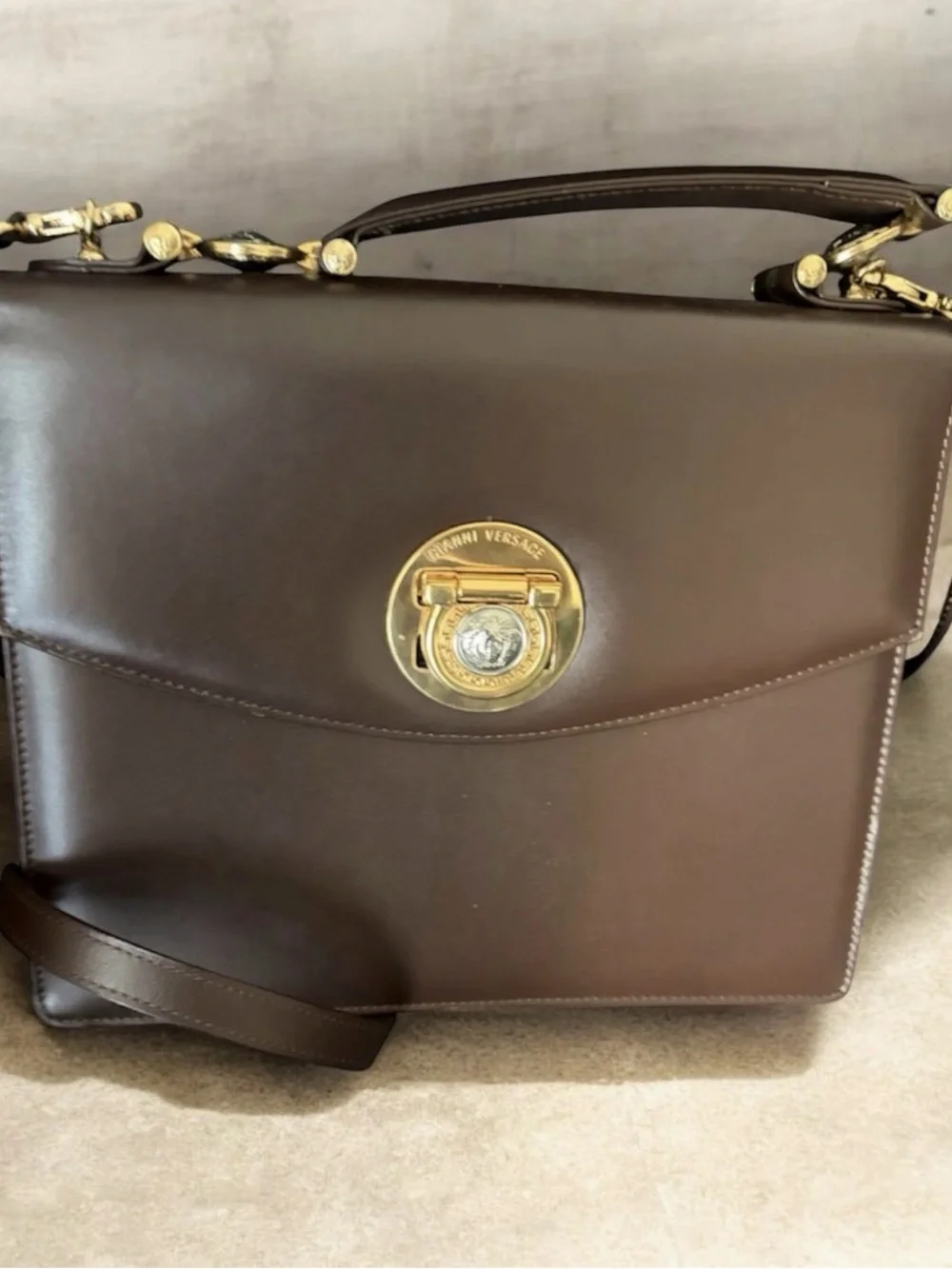 Gianni Versace Designer Brown Leather Top-Handle Shoulder Bag with Gold Hardware